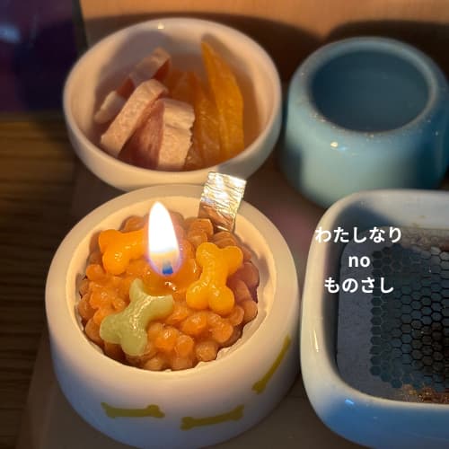 愛犬のご飯と同じ形をした蝋燭とおやつ