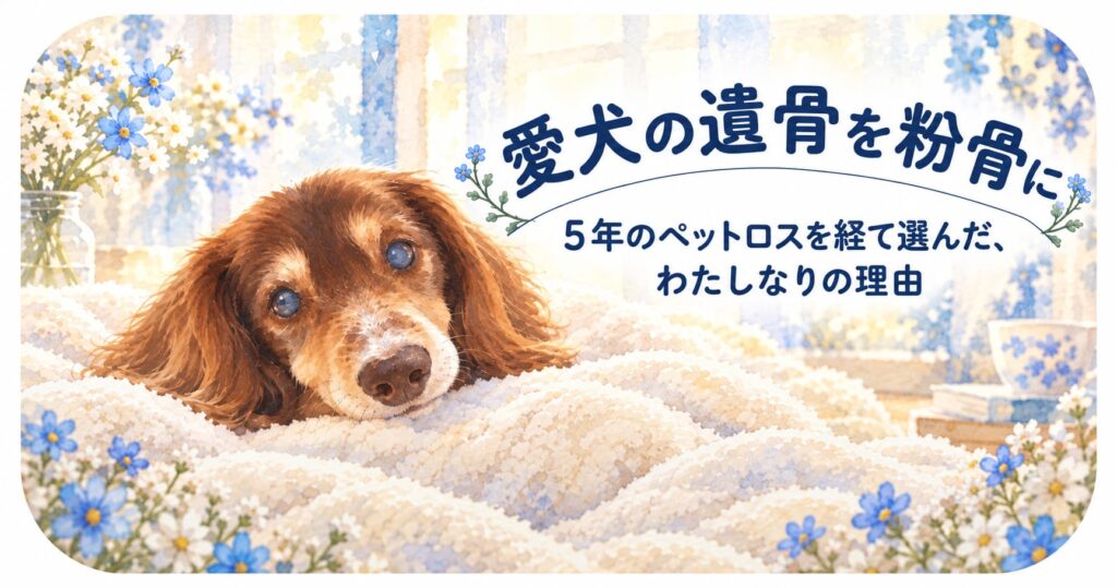 淡いブルーの花とやわらかな毛布に囲まれた、チョコタンのミニチュアダックスフンドのイラスト。「愛犬の遺骨を粉骨に｜５年のペットロスを経て選んだ、わたしなりの理由」と入ったアイキャッチ画像