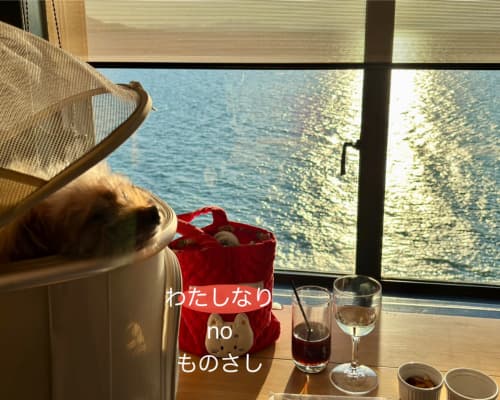 蒼の湖邸ビワフロント彦根の10階展望ラウンジで琵琶湖を背景にもももが過ごしている様子